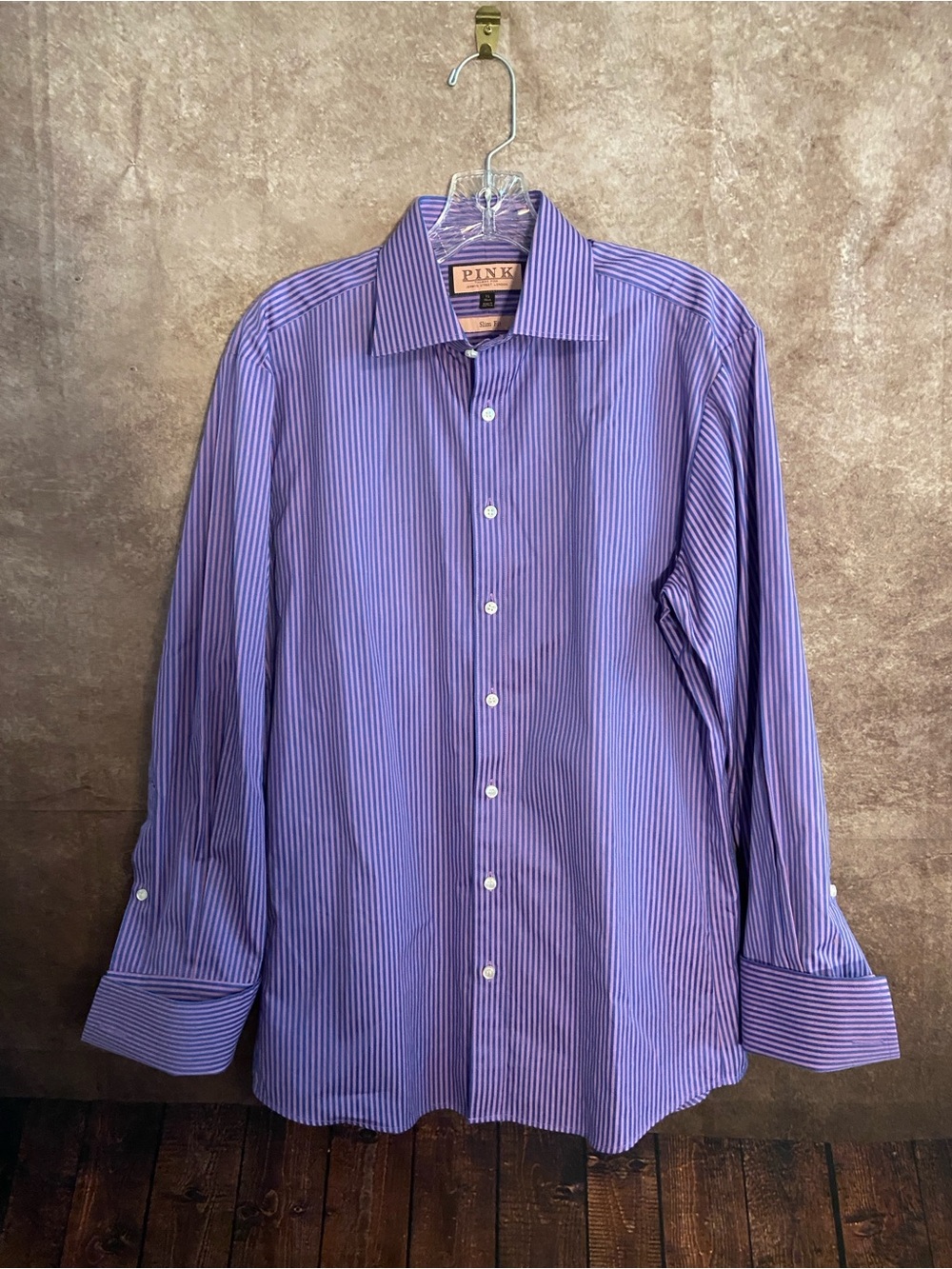 THOMAS PINK LONDON~PURPLE/BLUE STRIPED DRESS SHIRT~SLIM FIT 15” FRENCH CUFF~EUC